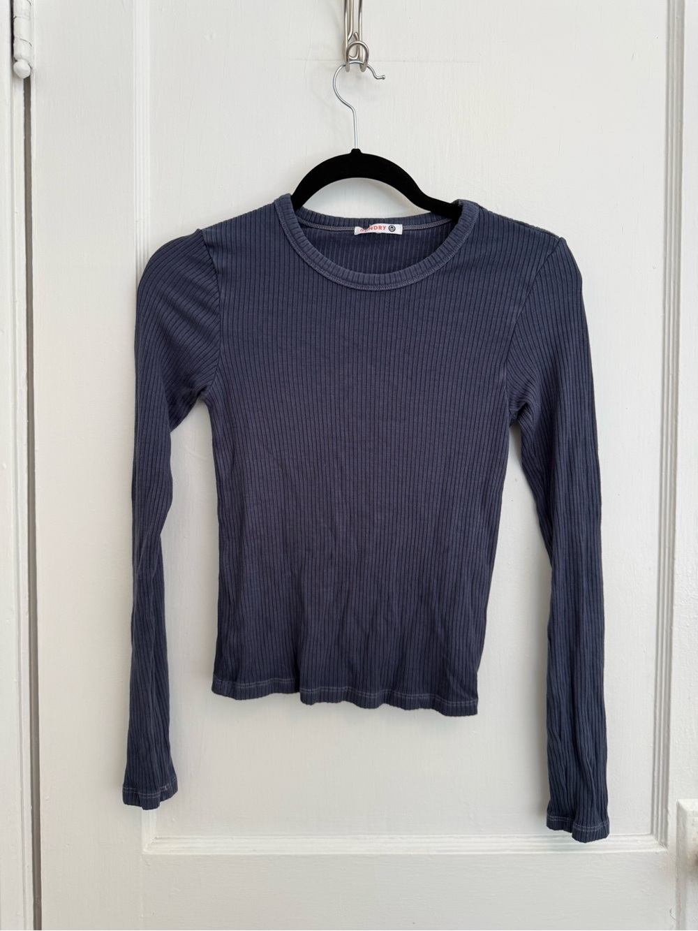 Sundry Made in USA Ribbed Long-Sleeve Crewneck Top - Navy